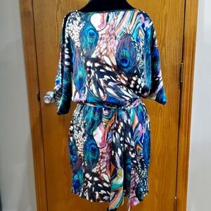Cache peacock feather pattern jewel tone mini dress split half sleeve
